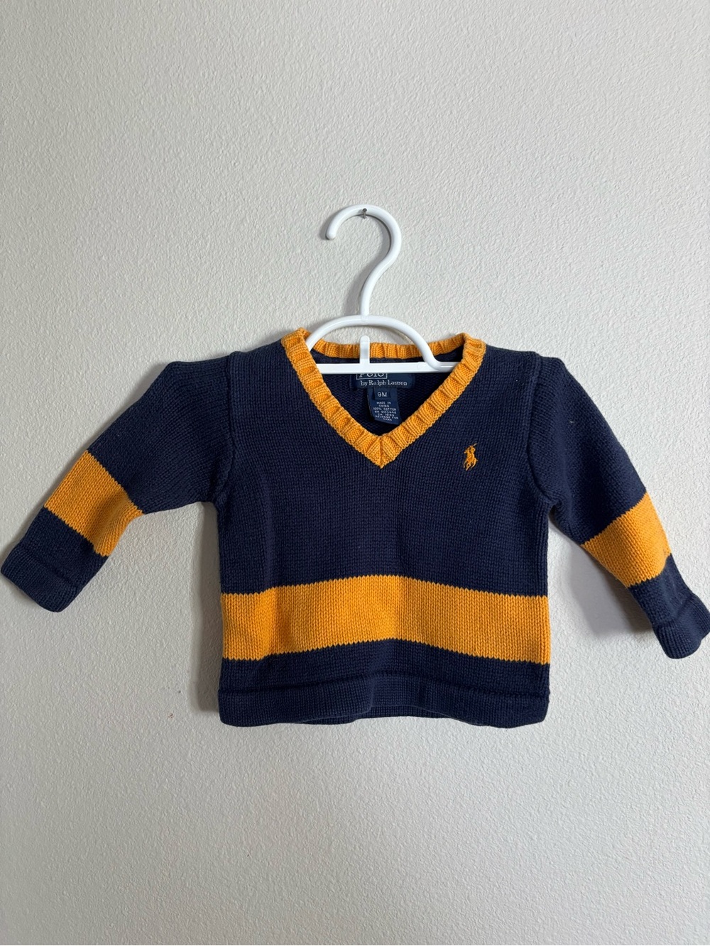 Ralph Lauren Navy & Yellow Striped V-Neck Sweater - Kids